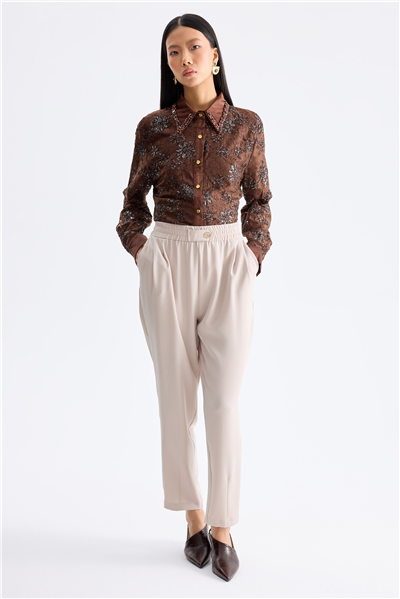 On Beli Lastikli Bilek Boy Pantolon Stone