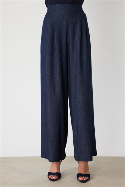 On Beli Lastikli Bol Paça Kumaş Pantolon INDIGO