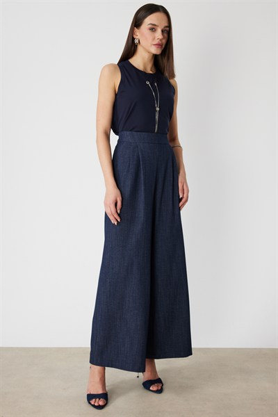 On Beli Lastikli Bol Paça Kumaş Pantolon INDIGO