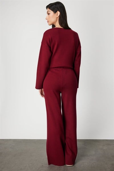 On Beli Lastikli Bol Paça Triko Pantolon Bordo