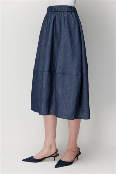 On Beli Lastikli Dikiş Detalı Midi Etek INDIGO