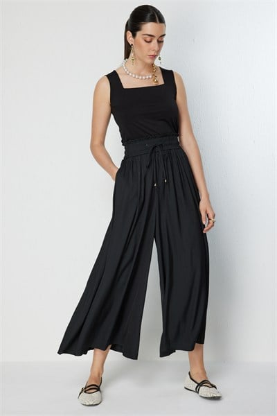 On Beli Lastikli Geniş Paça Pantolon BLACK