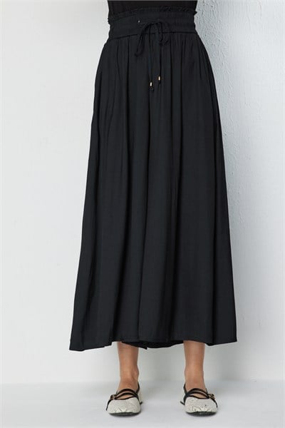 On Beli Lastikli Geniş Paça Pantolon BLACK
