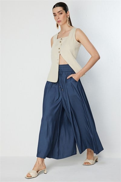 On Beli Lastikli Geniş Paça Pantolon INDIGO