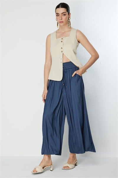 On Beli Lastikli Geniş Paça Pantolon INDIGO