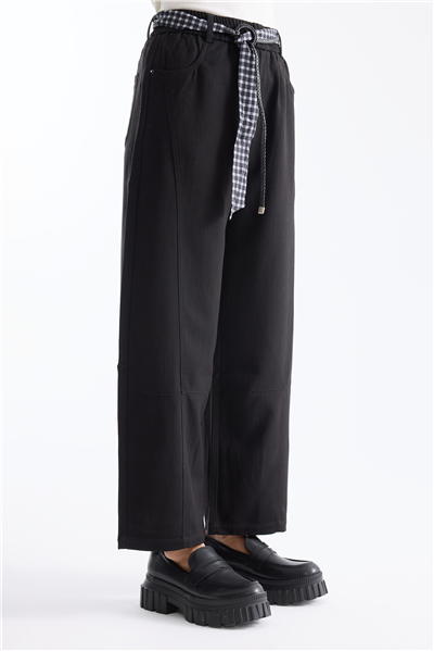 On Beli Lastikli Kemerli Pantolon Siyah