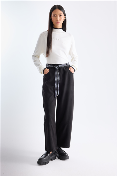 On Beli Lastikli Kemerli Pantolon Siyah