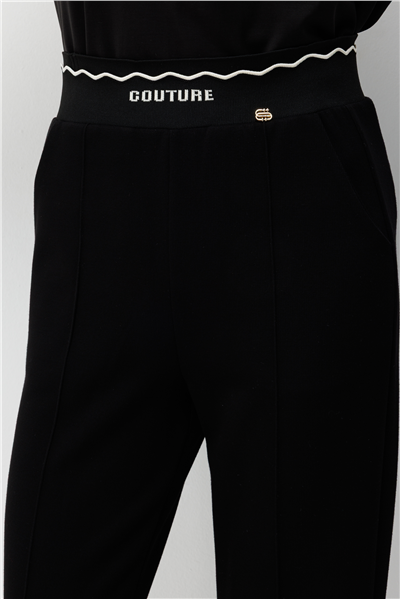 On Beli Lastikli Yazı Desenli Pantolon Siyah