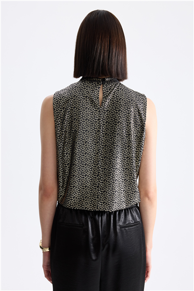 On Çiçek Desenli Kolsuz Crop Bluz Gold