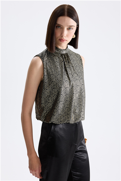 On Çiçek Desenli Kolsuz Crop Bluz Gold