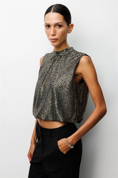 On Çiçek Desenli Kolsuz Crop Bluz GOLD
