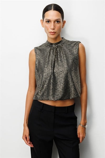 On Çiçek Desenli Kolsuz Crop Bluz GOLD