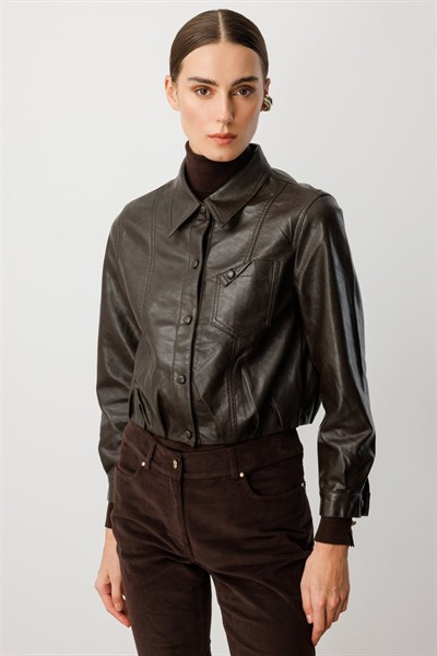 On Çıtçıtlı Deri Crop Mont KAHVE