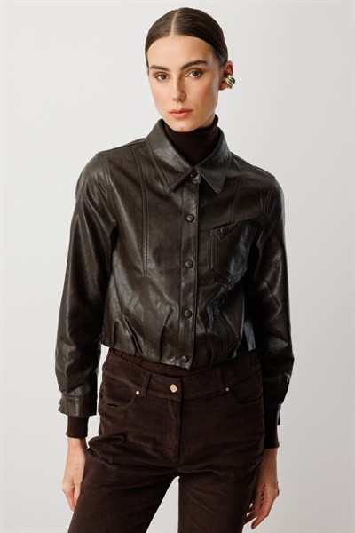 On Çıtçıtlı Deri Crop Mont KAHVE