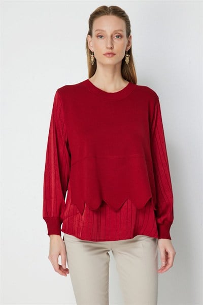 On Çizgi Detaylı Mix Kumaş Bluz BORDO