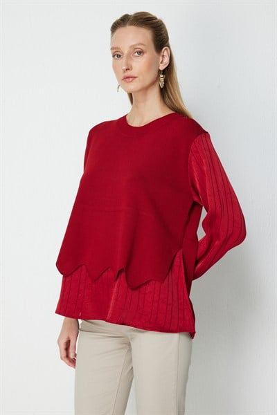 On Çizgi Detaylı Mix Kumaş Bluz BORDO