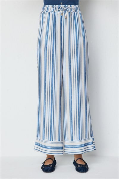 On Çizgili Bol Paça Pantolon INDIGO