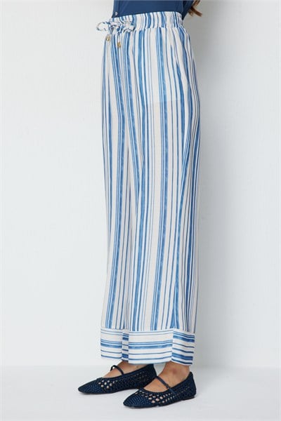 On Çizgili Bol Paça Pantolon INDIGO