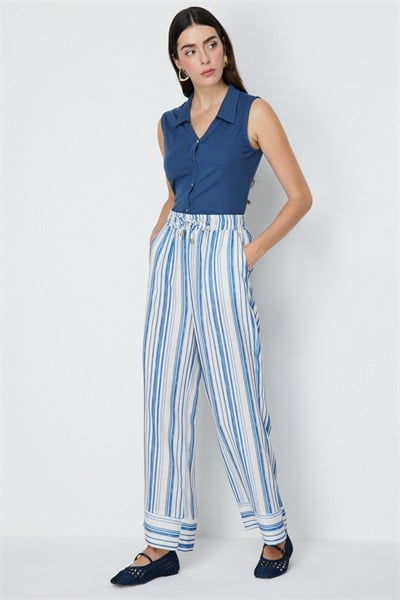 On Çizgili Bol Paça Pantolon INDIGO