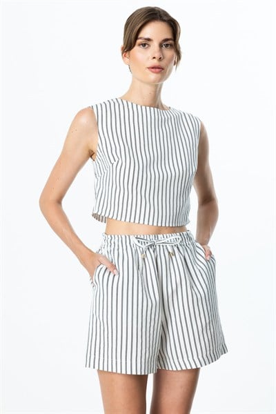 On Çizgili Pamuk Crop Bluz BEYAZ