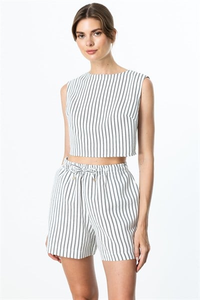 On Çizgili Pamuk Crop Bluz BEYAZ