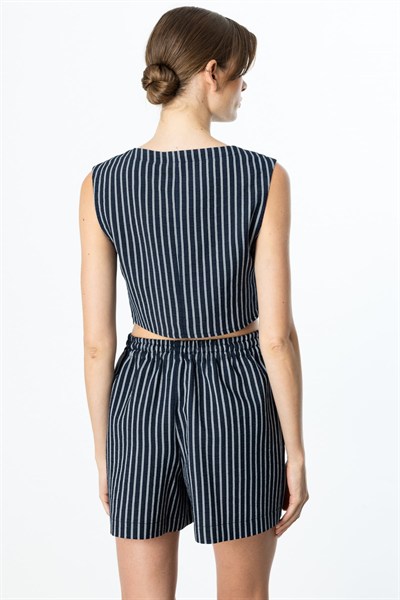 On Çizgili Pamuk Crop Bluz LACIVERT