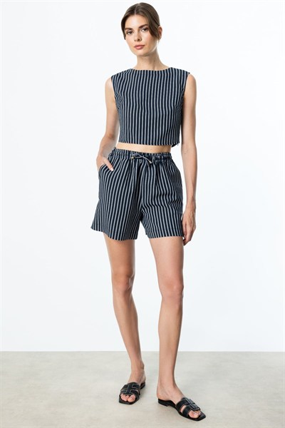 On Çizgili Pamuk Crop Bluz LACIVERT