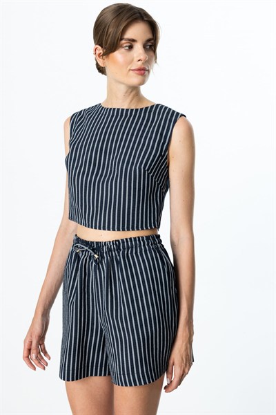On Çizgili Pamuk Crop Bluz LACIVERT