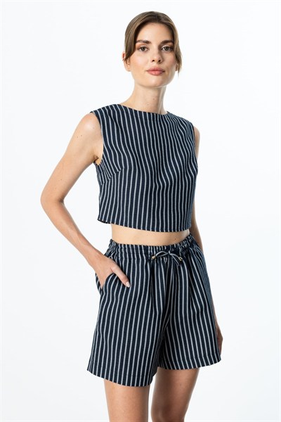 On Çizgili Pamuk Crop Bluz LACIVERT