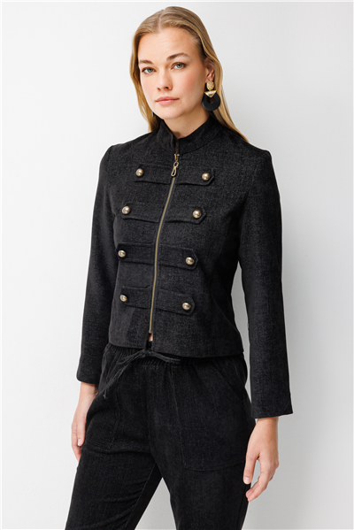 On Çok Düğmeli Kadife Ceket Siyah