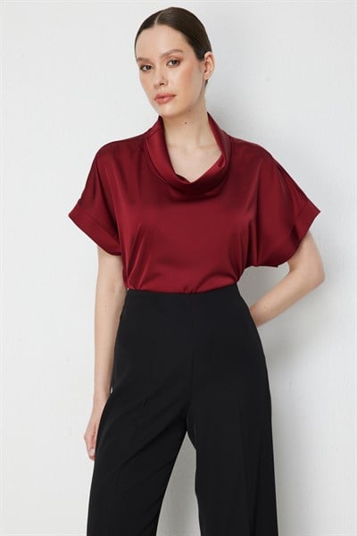 On Degaje Yaka Kısa Kollu Bluz BORDO