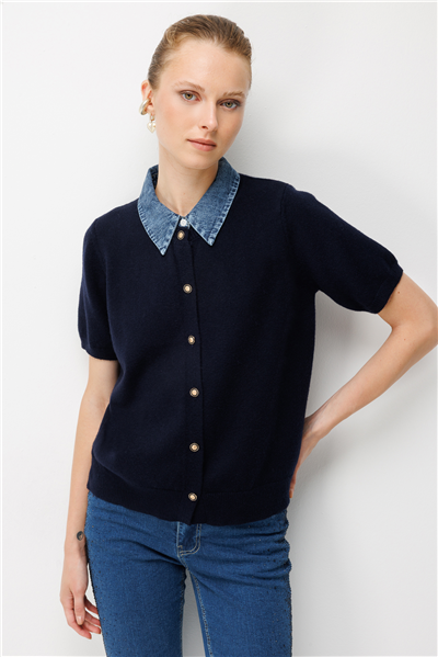 On Denim Detaylı Kısa Kollu Triko Hırka LACIVERT