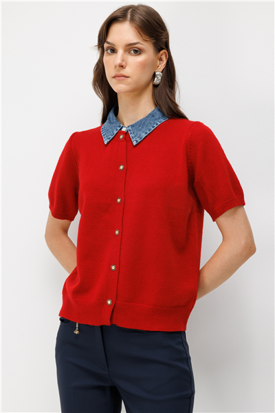 On Denim Detaylı Kısa Kollu Triko Hırka Kırmızı