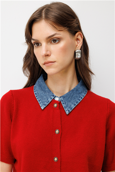 On Denim Detaylı Kısa Kollu Triko Hırka Kırmızı