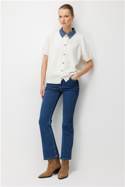 On Denim Detaylı Kısa Kollu Triko Hırka EKRU
