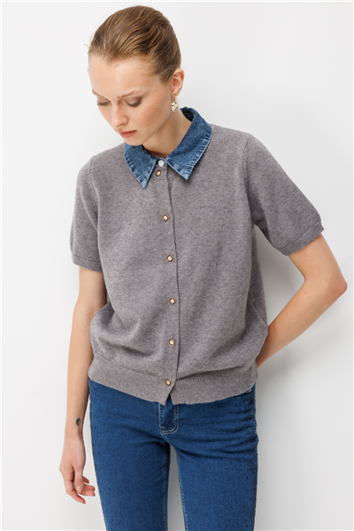 On Denim Detaylı Kısa Kollu Triko Hırka GRI