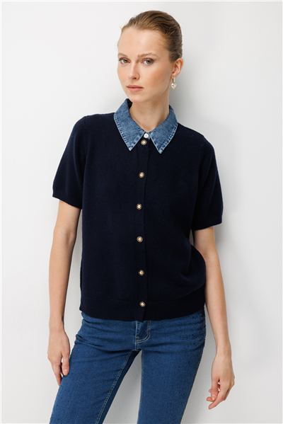 On Denim Detaylı Kısa Kollu Triko Hırka LACIVERT