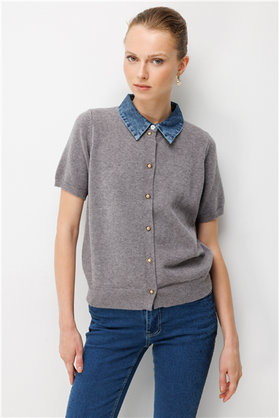 On Denim Detaylı Kısa Kollu Triko Hırka GRI