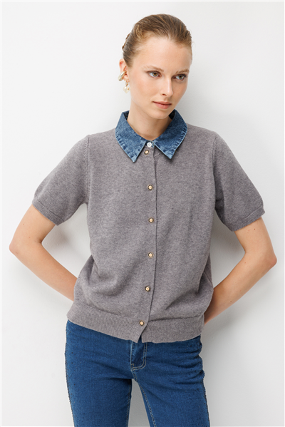 On Denim Detaylı Kısa Kollu Triko Hırka GRI