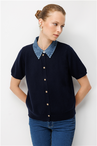 On Denim Detaylı Kısa Kollu Triko Hırka LACIVERT