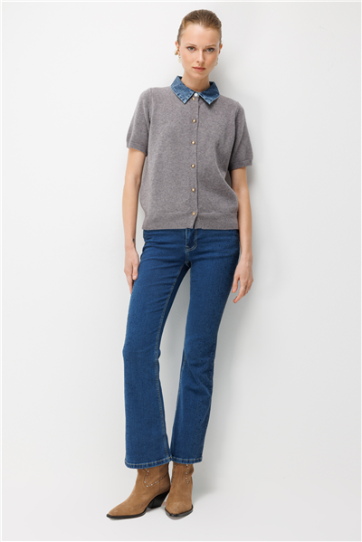 On Denim Detaylı Kısa Kollu Triko Hırka GRI
