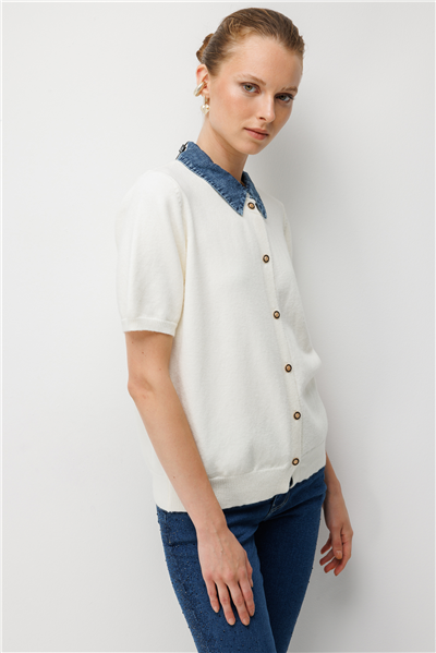 On Denim Detaylı Kısa Kollu Triko Hırka EKRU