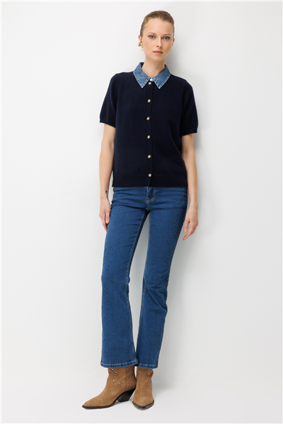 On Denim Detaylı Kısa Kollu Triko Hırka LACIVERT