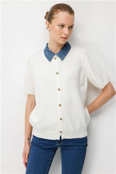 On Denim Detaylı Kısa Kollu Triko Hırka EKRU