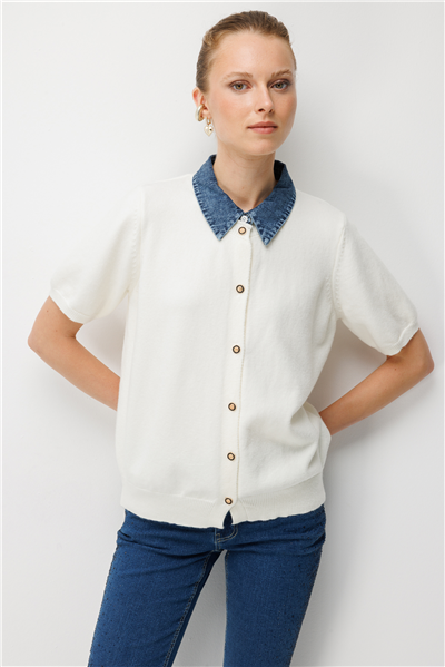 On Denim Detaylı Kısa Kollu Triko Hırka EKRU