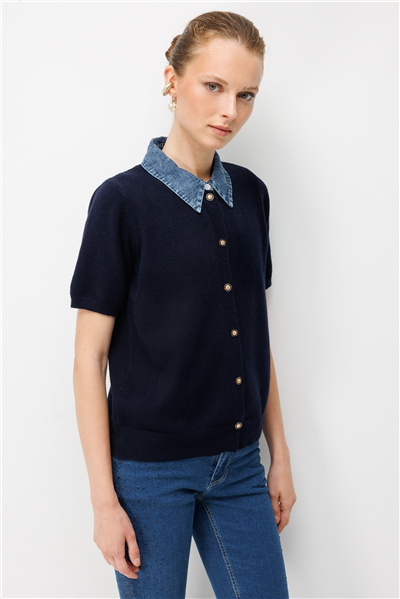On Denim Detaylı Kısa Kollu Triko Hırka LACIVERT
