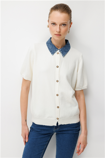 On Denim Detaylı Kısa Kollu Triko Hırka EKRU