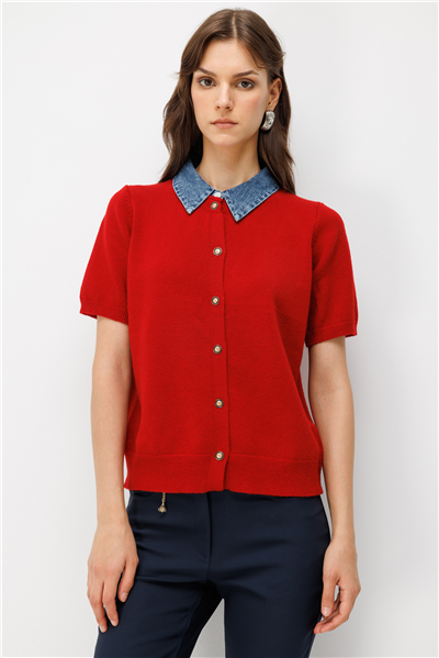 On Denim Detaylı Kısa Kollu Triko Hırka Kırmızı