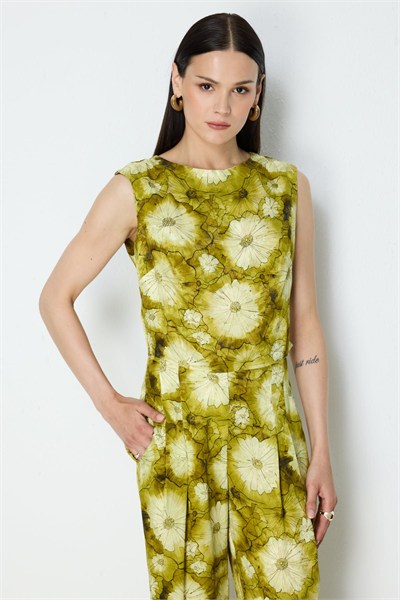 On Desenli Kolsuz Crop Bluz OLİVE