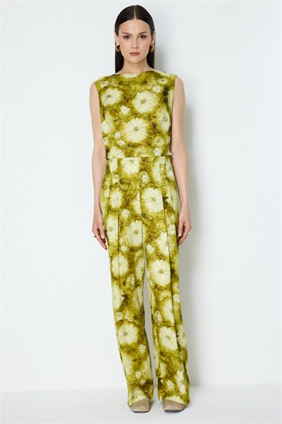 On Desenli Kolsuz Crop Bluz OLİVE